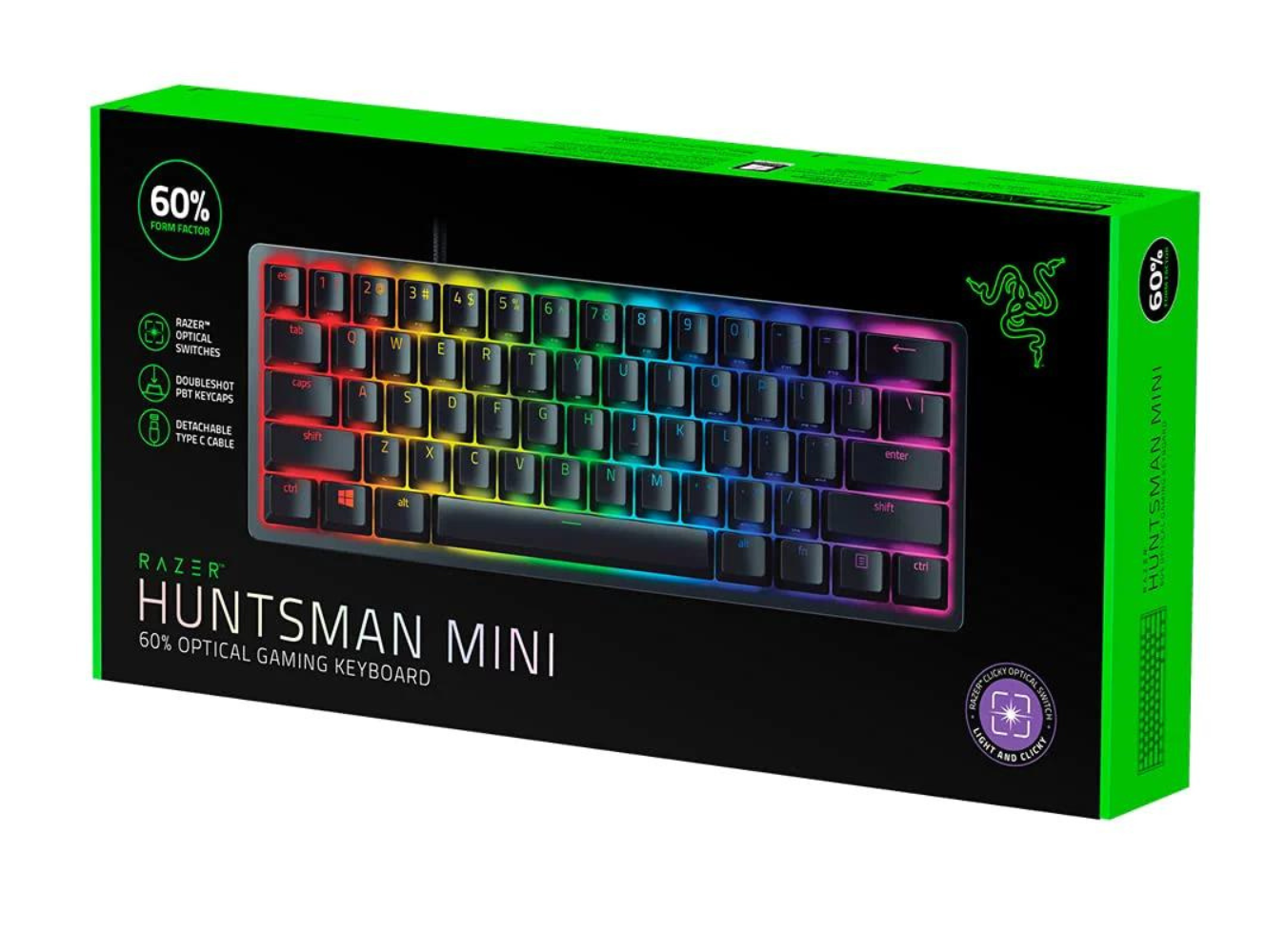 Razer Huntsman Mini (Switches Violets) - Clavier Gamer Compact à 60%  (Switches Opto-Mécaniques Clicky, Touches en PBT, Câble USB-C Détachable)  Clavier